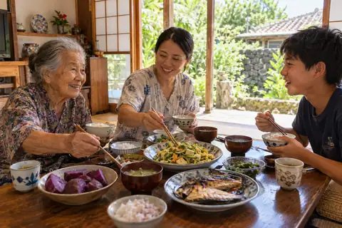 Una familia de Okinawa almorzando en su casa