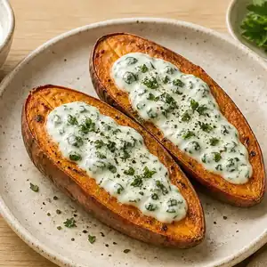 Batata rellena de tofu y espinaca